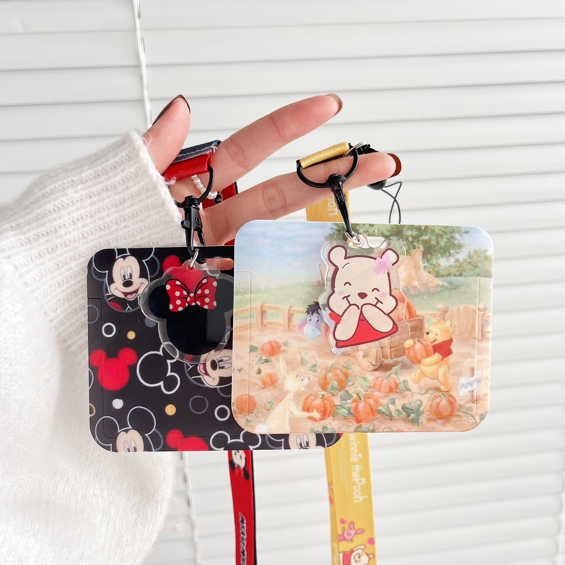 Horizontal Student ID Badge Plastic Card Holder Cute Cartoon Mickey Minnie Bear Card Cover Anti-Lost Lanyard Kid Gift Card Case Image 2