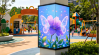 Écran vidéo LED extérieur P3.076 sur colonne, conçu pour la visualisation de contenu à longue distance, écran carré personnalisé