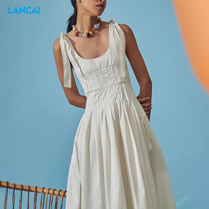 Vestido MIDI <span class=keywords><strong>de</strong></span> <span class=keywords><strong>mujer</strong></span> plisado con cuello profundo suave <span class=keywords><strong>de</strong></span> algodón 100% personalizado con correa ancha para <span class=keywords><strong>ropa</strong></span> informal <span class=keywords><strong>de</strong></span> verano - Product Image 6