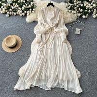 Robe longue élégante rose en mousseline de soie pour femme, coupe trapèze, col à volants, manches lanternes, nœud à la taille, robes maxi décontractées pour les fêtes et le quotidien