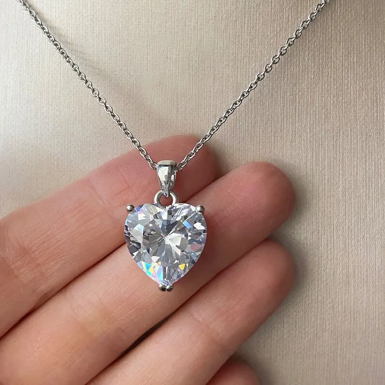 Elegant Women Jewelry Solitaire Heart Crystal Pendant Necklace Silver Chain Bling Zirconia Peach Heart Pendant Necklace