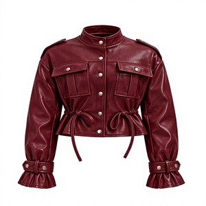 Women’s Burgundy Leather Jacket Cropped Trendy Style Cinched Waist Snap Front - Product Image 1