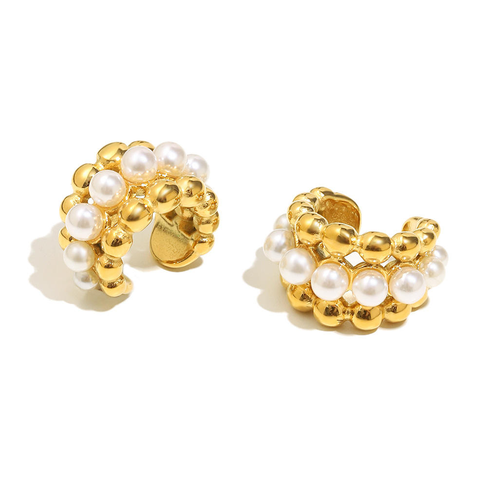 Imitation pearl round bead ear clip-gold