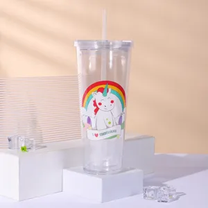 Promotion Gift Items With Logo Drinking Double Cup With Straw Water Juice Mug Tumbler