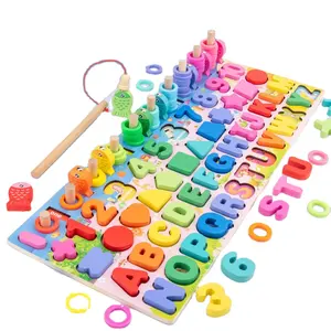 número matching puzzle Suppliers-Placa logarithmic montessori, brinquedos educativos para crianças 5 em 1, contagem de pesca, números que combinam, forma digital, quebra-cabeça, brinquedo para criança