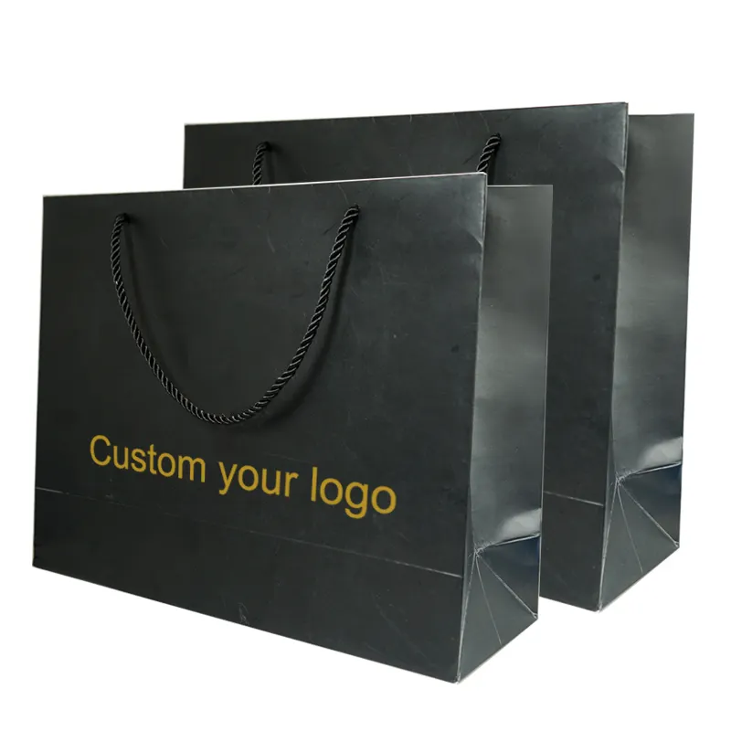 カスタムロゴプリント高級包装ショッピングリボンハンドルトートバッグマットブラック小売製品紙袋