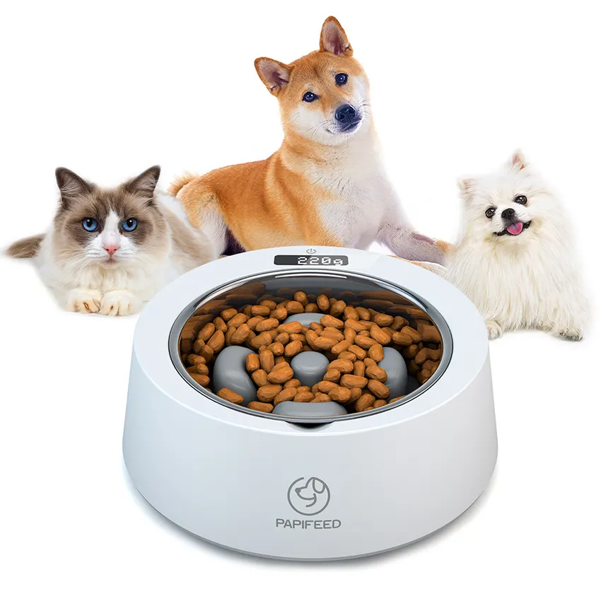 Custom Classic Plastic Stainless Steel Cuenco Para Mascota LCD Display Smart Weighing Dog Cat Pet Slow Feeder Food Bowl