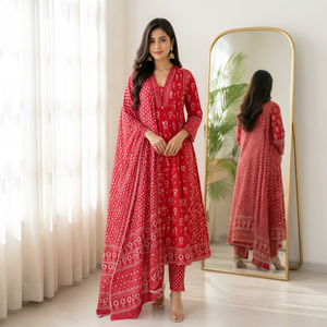 Red Floral Printed Anarkali <b>Kurta</b> Set for <b>Women</b> with Pants Stylish Ethnic Festive and Traditional Indian Wear - Product Image 1