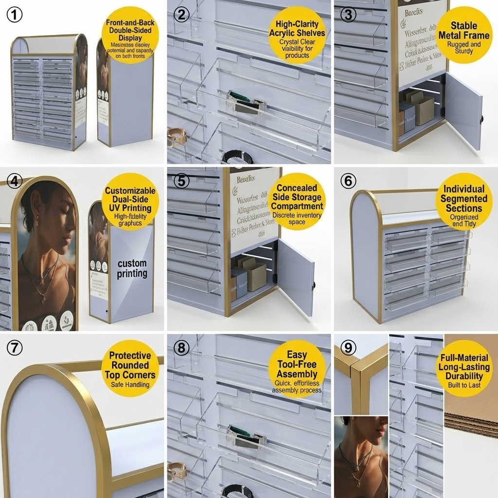 Custom Floor Standing Metal Jewelry Display Stand Rack with Acrylic Bins and Brand Graphics for Retail Store — view 5