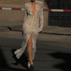 Nuevo Vestido Largo Sexy con Encaje y Abertura Lateral para Mujer, Vestidos de Manga Larga a la Moda - Product Image 1