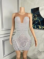 Robe de soirée élégante en perles blanches et strass pour femme, sexy, en maille, pour bal de promo, anniversaire, séance photo, spectacle sur scène