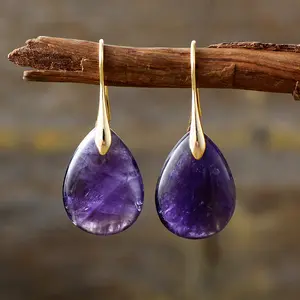 Bohemia Healing Crystal Gold Plated Teardrop Shaped Amethyst Dangle Drop Earrings For Women Natural Stone Gemstone Jewelry