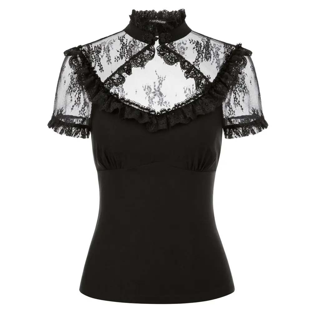 SL000140 SD Women Gothic Style Hollowed Front Lace Patchwork Tops Steampunk Short Sleeve Stand Collar