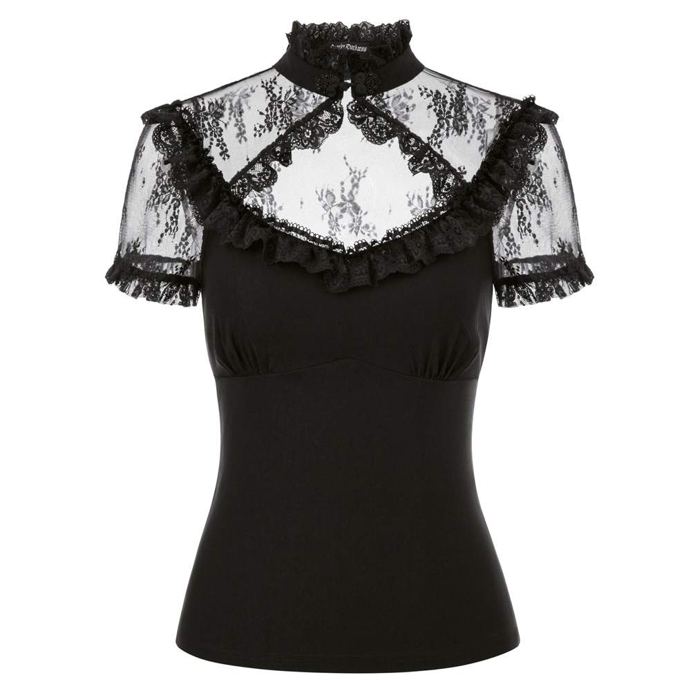 SL000140 SD Women Gothic Style Hollowed Front Lace Patchwork Tops Steampunk Short Sleeve Stand Collar