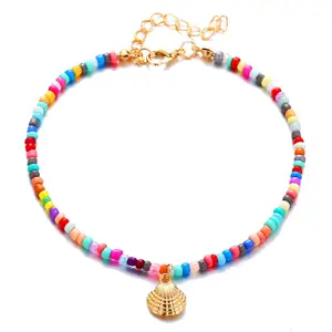 Trending Products 2024 Bohemian Style Colorful Beaded Anklet Creative Vintage Copper Scallop Pendant Anklet