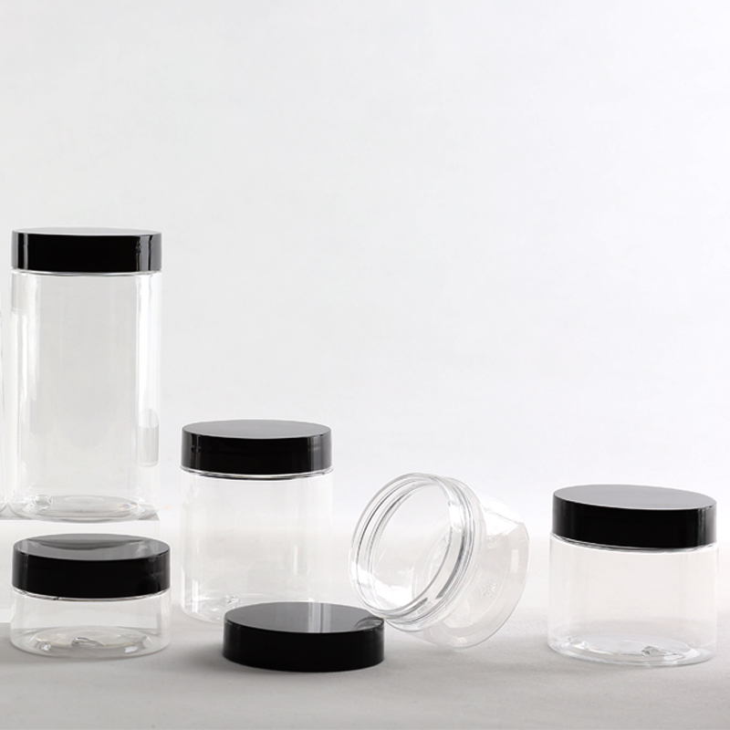 Food Grade 50Ml 100Ml 1oz 4oz 8oz 16oz 250g 400ml PET Plastic Cosmetic Cream Hair Gel Body Scrub Butter Slime Jar With Black Lid