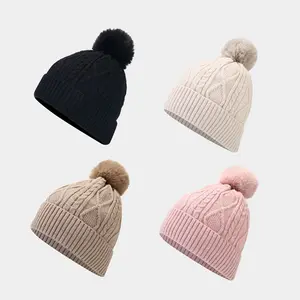 2023 Youmite New Arrival 7-Color Wholesale Solid Knitted Beanie Hat for Adult Men and Women Winter Pom Pom Cap