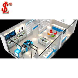 Vitrine moderne en bois et noir pour téléphones portables avec table d'expérience LED et unité murale pour magasin d'électronique, aménagement sur mesure - Product Image 2