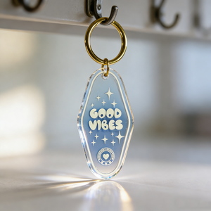 Hot Popular Rainbow Holographic Acrylic <strong>Keychain</strong> Fashion Hotel <strong>Keychain</strong> Custom LOGO Letter Printing Iridescent Motel Keychains - Product Image 2