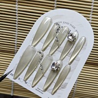 Vente en gros OEM ODM Faux ongles à presser faits main effet œil de chat, avec strass 3D et dentelle, longs, forme stiletto, en acrylique, ensemble de faux ongles