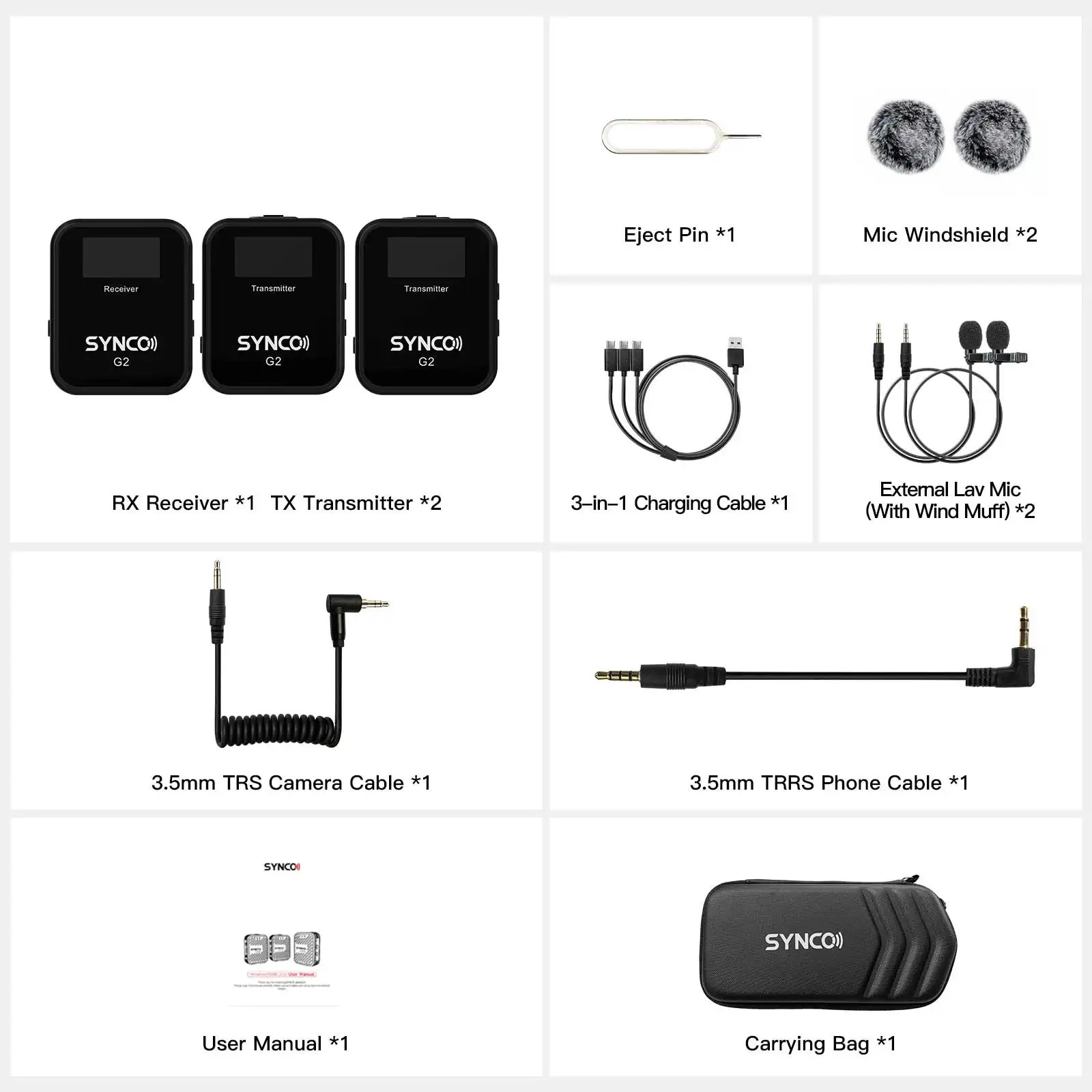 SYNCO G2(A2) 2.4G kablosuz yaka mikrofonu sistemi 2TX + 1RX yaka Video içeriği/haber yayını/canlı Streaming/Öğretim