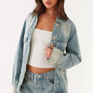 Low Price High Quality Women's Denim Casual Shirt Acid Wash Faded Vintage Jeans Set - Product Image 4