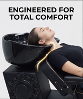 Fauteuil de lavage de luxe pour salon de coiffure, noir et or, inclinable, avec bac en céramique, confortable