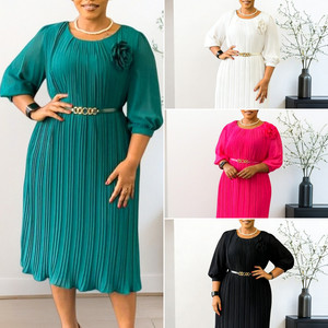 Vestidos de Verano Modernos D614 para <span class=keywords><strong>Mujer</strong></span>, Casuales, Manga 3/4, Cuello Redondo, Plisados, Elegantes, Estilo Africano, con Cinturón - Product Image 2