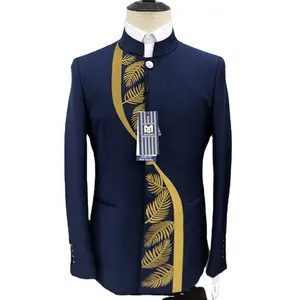 גבוהה סוף יוקרה רקמת גברים חליפות חיל הים כחול צווארון עומד slim מצויד בלייזר חתונה אירועים עסקי מעיל בתוספת גודל XS-5XL