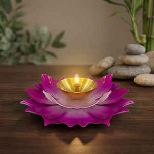 Lotus Shaped Brass Diya Pink Floral Oil <b>Lamp</b> For Pooja Aarti Temple Prayer And Festive Home Decor 15 Cm Width - Product Image 3