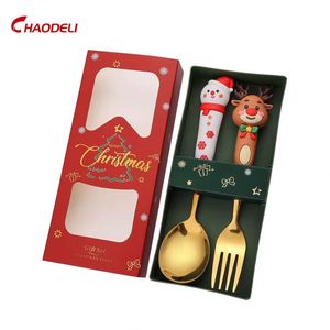 Custom Color Milk New Design 2 Pcs Stainless Steel Gold Fork Spoon Set Christmas Cartoon <b>Large</b> Dinnerware Sets <b>Gift</b> - Product Image 2