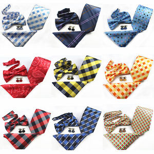 ชุดกระดุมข้อมือผ้าเช็ดหน้าผูกโบว์หูกระต่ายของผู้ชายใหม่ชุดเนคไทผ้าไหมแจ็คการ์ดสีดำสีน้ำเงินหรูหราชุดงานแต่งงานงานปาร์ตี้ - Product Image 1