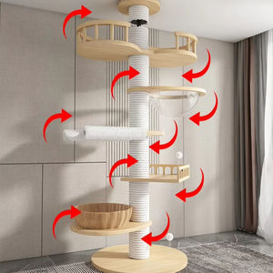 Pohon Kucing Mewah Modern Kayu Kokoh Bertingkat dari Lantai hingga Plafon dengan Platform Lompat Multi-Level dan Rumah Klasik untuk Memanjakan Kucing - Product Image 2