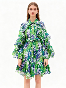 Robe à manches longues à col tailleur et à taille nouée, style 2025, à la mode, avec <span class=keywords><strong>jupe</strong></span> courte à imprimé à volants - Product Image 2