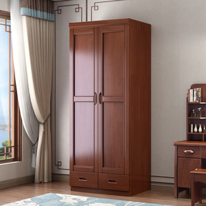 Armario de Madera Maciza Estilo Chino, Dos Puertas Abatibles, Mueble de Dormitorio con Almacenamiento, Color Nogal - Product Image 1