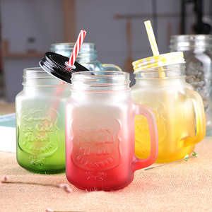 Customized Drinking Empty Bottle <strong>Tumbler</strong> 4 8 10 12 16 24 32 Oz Wide Mouth Round Mug Glass <strong>Mason</strong> <strong>Jars</strong> With Lid Handle Straw - Product Image 5