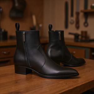 Stivali Chelsea di lusso classici da <span class=keywords><strong>uomo</strong></span> in <span class=keywords><strong>pelle</strong></span> nera con punta a punta e tacco grosso con tacco alto e suola in gomma - Product Image 4