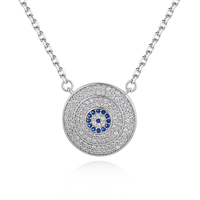 Most Ancient Symbol Design Blue Quartz & White Zircons Protective Evil Eye Pattern Medallion Pendant Necklace
