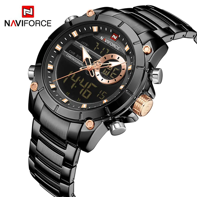 Naviforce NF9163 Westerse Mode Mannen Quartz Horloge Dual Display Siliconen Band Led Chronometer Multi Functie Sport Horloge