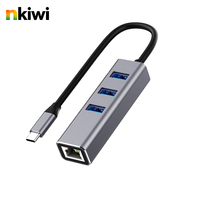 Hub USB-C 4-en-1 NKIWI avec 3 ports Type-A, RJ45 Gigabit LAN, alliage d'aluminium, 5 Gbps, câble de 20 cm sans fil pour ordinateur portable/PC