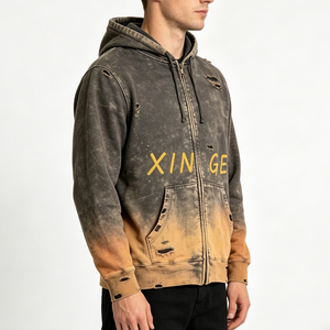 XINGE Sweat à capuche zippé personnalisé avec lettres dégradées, effet délavé vintage, style streetwear, pour la vente en gros - Product Image 2