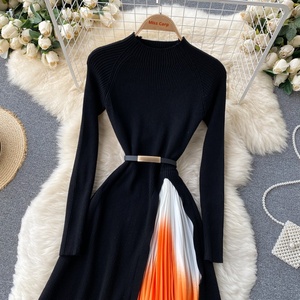 Nueva Llegada Francés Elegante de Punto de Costura Sólido Plisado Slim-Fit Empire Cintura Grande Swing Vestido de Mujer Vestido de Otoño - Product Image 2