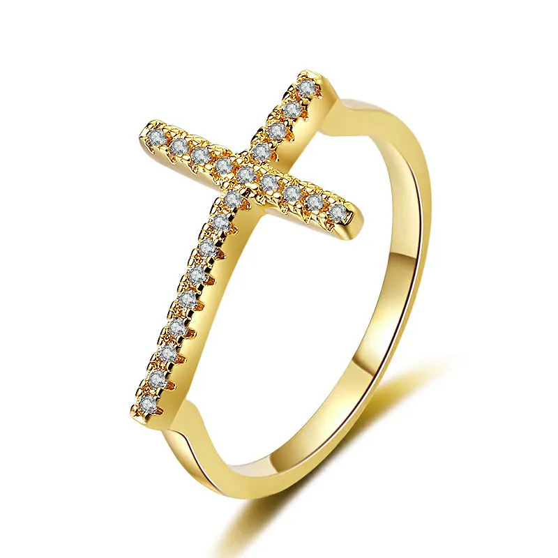 Hot Sale Irregular Geometry Cross Shape Zircon Ring Girl Religious Jewelry 18k Gold Plated Ring