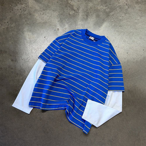 Custom Double Stripe 100% Cotton Oversized T Shirts Streetwear Round Collar <strong>Frazzle</strong> Long Sleeve Thermal T Shirts for Men - Product Image 1