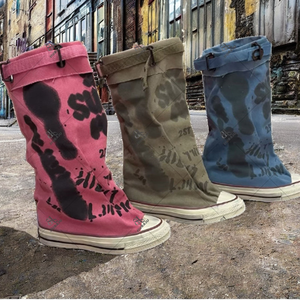 Women's 2025 Autumn Graffiti <b>Belt</b> Buckle Knee-High Canvas <b>Wide</b> Barrel Boots Slip-on High Top Sneakers Chunky Heel Round Toe - Product Image 2