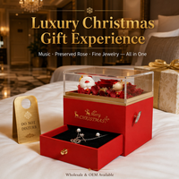 Coffret Cadeau de Noël de Luxe : Boîte à Bijoux Musicale avec Mouvement à Remonter, Tiroir pour Rose Éternelle et Collier