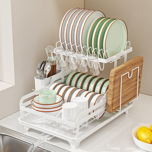 Scolapiatti da Cucina a 2 Livelli con Struttura in Metallo, Robusto e Durevole, Sistema di Drenaggio, Nessun Montaggio Richiesto, Portaoggetti Multifunzionale - Product Image 1