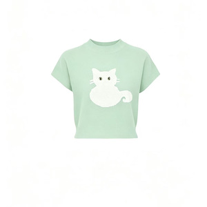Women's Pink <b>Cat</b> Print Short Sleeve Knit <b>Top</b> Crew Neck Slim Fit Summer 2026 - Product Image 3