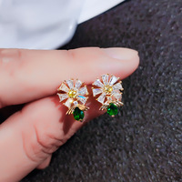 Kadınlar için Daisy Kübik Zirkonya Küpe, 8mm, Altın Kaplama Pirinç Çiçek Yeşil Damla, Altın