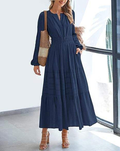 Robe élégante pour femmes à manches longues et col en V, avec taille plissée et ourlet superposé, pour un usage quotidien, robe fluide - Product Image 1